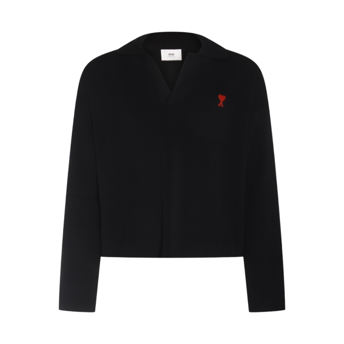 (W) 아미 스몰 하트 로고 롱 슬리브 니트 폴로 셔츠 블랙((W) AMI de Coeur Long Sleeved Knitted Polo Shirt Black)