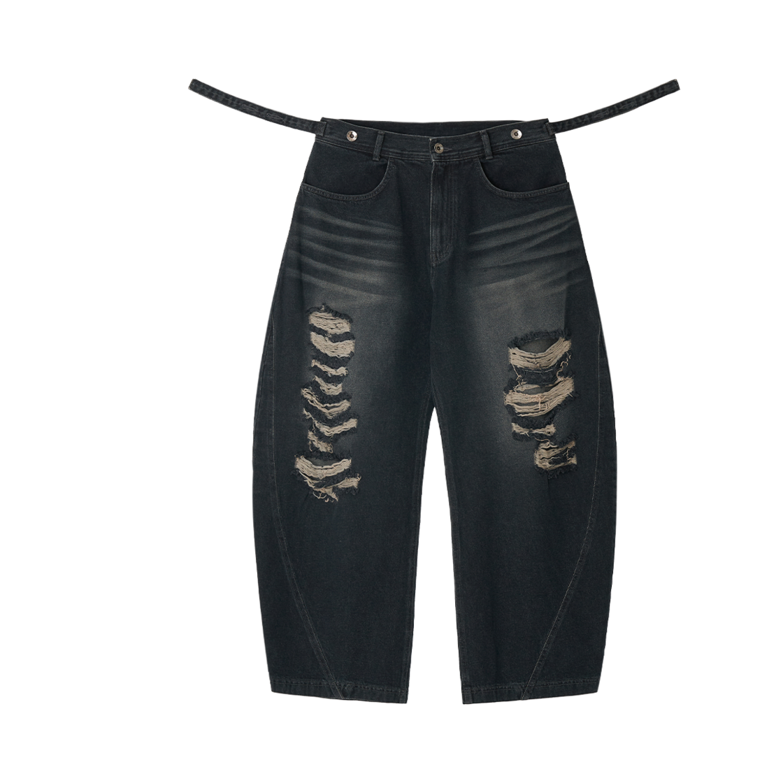 비엘알 어드저스터블 웨이스트 디스트로이드 데님 팬츠 다크 블루(BLR Adjustable Waist Destroyed Denim Pants Dark Blue)