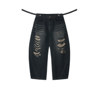 BLR Adjustable Waist Destroyed Denim Pants Dark Blue