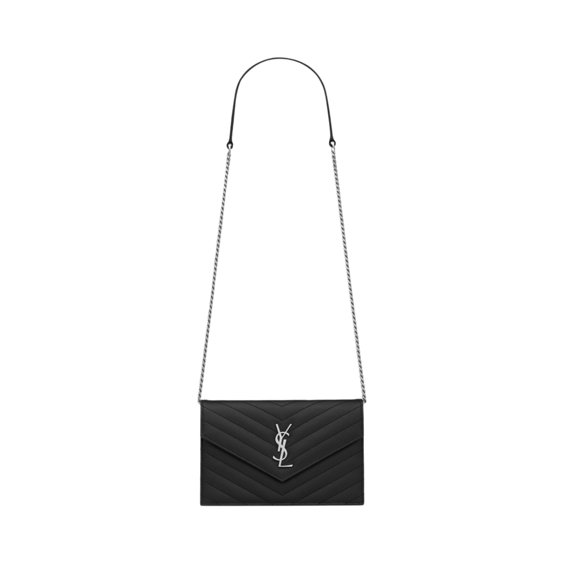 생로랑 그랑 드 뿌드르 엠보스드 레더 카산드라 마틀라세 엔벨로프 체인 지갑 느와르(Saint Laurent Cassandre Matelasse Envelope Chain Wallet in Grain de Poudre Embossed Leather Noir) - 1