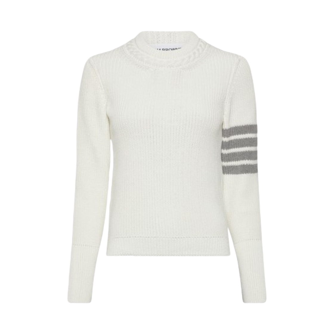 (W) 톰브라운 하프 가디건 스티치 코튼 사선 크루넥 풀오버 화이트((W) Thom Browne Half Cardigan Stitch Cotton 4-Bar Crew Neck Pullover White) - 1