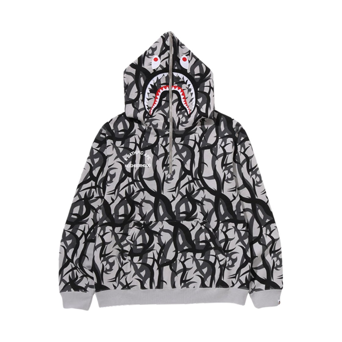 베이프 x 네이버후드 트라이얼 카모 투 페이스 하프 집 풀오버 후드 그레이(BAPE x Neighborhood Trial Camo Two Face Half Zip Pullover Hoodie Grey)