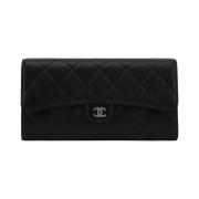 Chanel Classic Long Flap Wallet Grained Calfskin & Silver Black