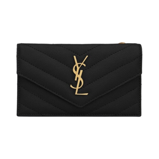 Saint Laurent Cassandre Matelasse Fragments Flap Card Case in Grain de Poudre Embossed Leather Black