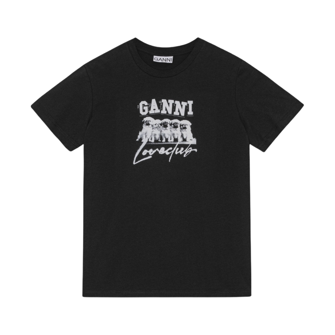 (W) 가니 씬 저지 퍼피 러브 릴렉스드 티셔츠 블랙((W) Ganni Thin Jersey Puppy Love Relaxed T-Shirt Black)