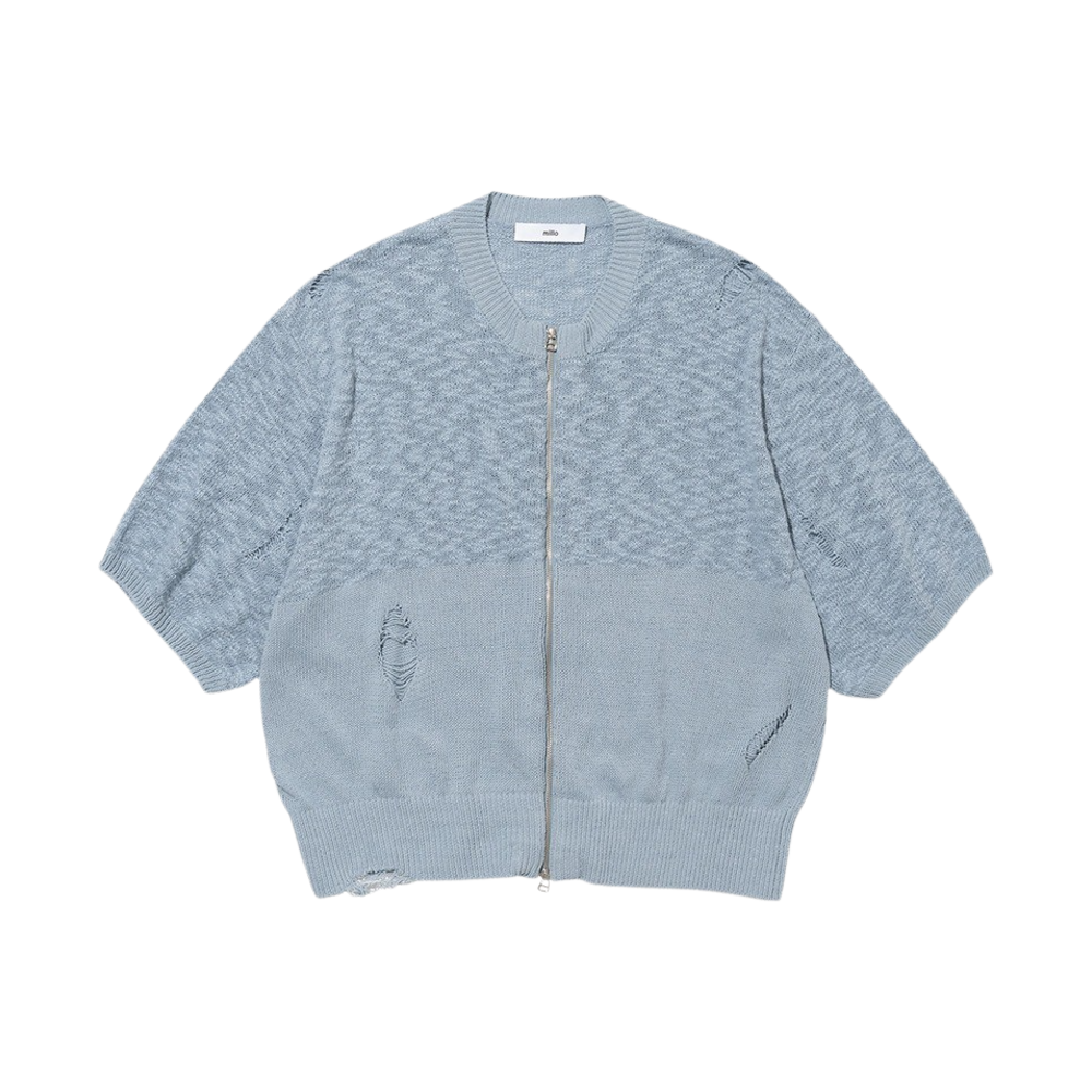 밀로 아카이브 슬런트 니트 집업 페일 블루