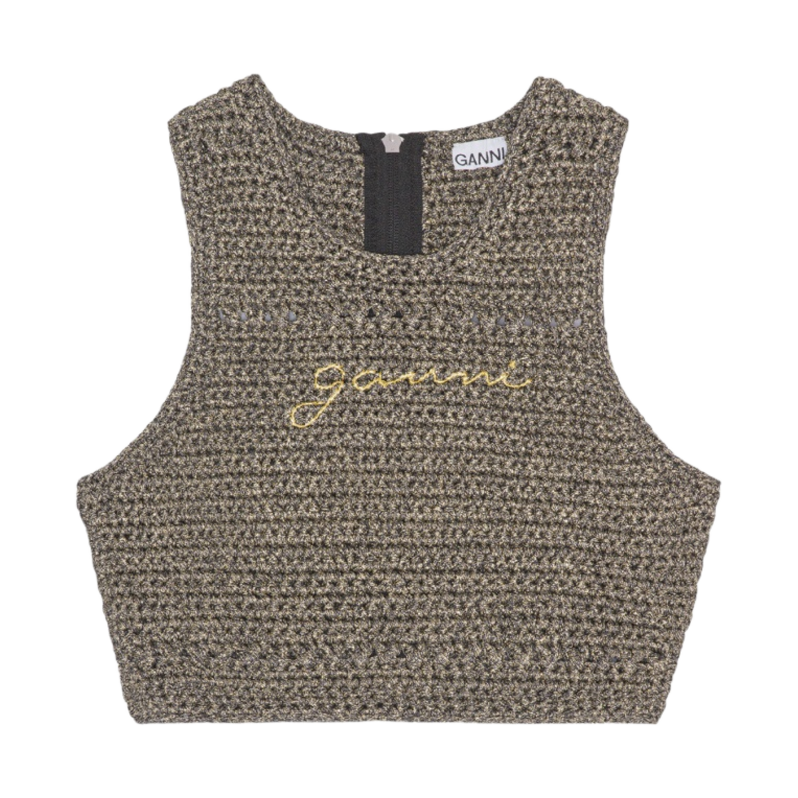 (W) 가니 크로쉐 레이서백 탑 블랙 골드((W) Ganni Crochet Racerback Top Black Gold) - 1