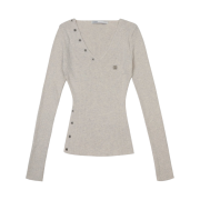 (W) Bohemian Seoul Button V-Neck Slit Knit Oatmeal
