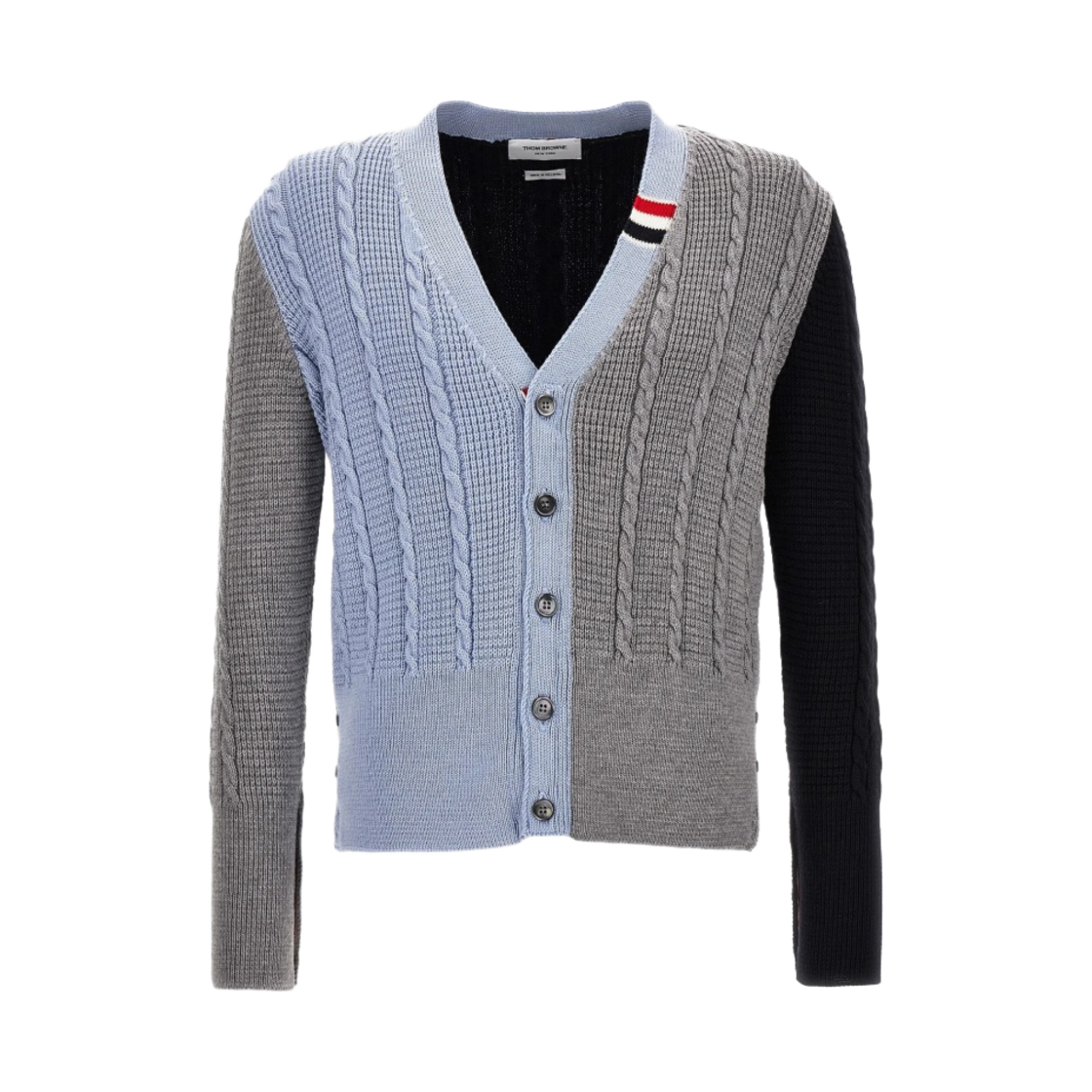 MKC513F-Y1024-480 Thom Browne Funmix Wool Relaxed V-Neck Cable Cardigan Light Blue