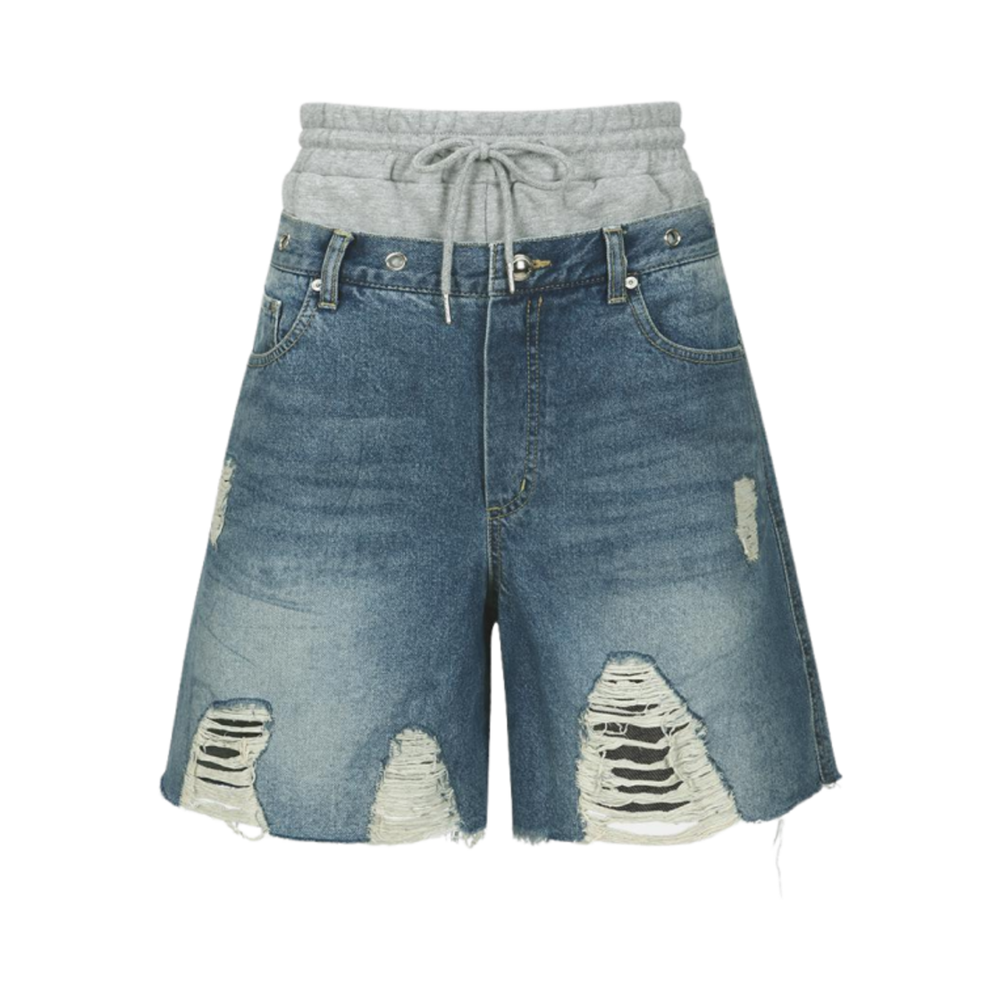 (W) 앤더슨벨 데니 스웨트 웨이스트 데미지드 쇼츠 워시드 블루((W) Andersson Bell Denny Sweat Waist Damaged Shorts Washed Blue)