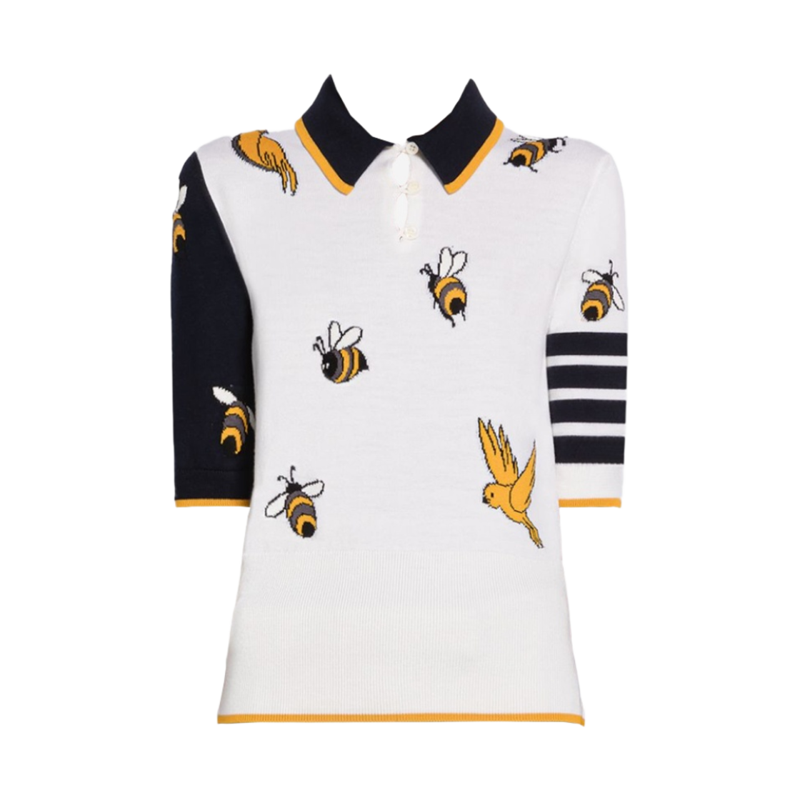 (W) 톰브라운 펀 믹스 코튼 멜리노 버드 & 비 사선 폴로 화이트((W) Thom Browne Fun-Mix Cotton Merino Birds & Bees 4-Bar Polo White) - 1