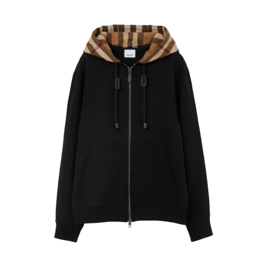 (W) Burberry Check Hood Cotton Zip Hoodie Black