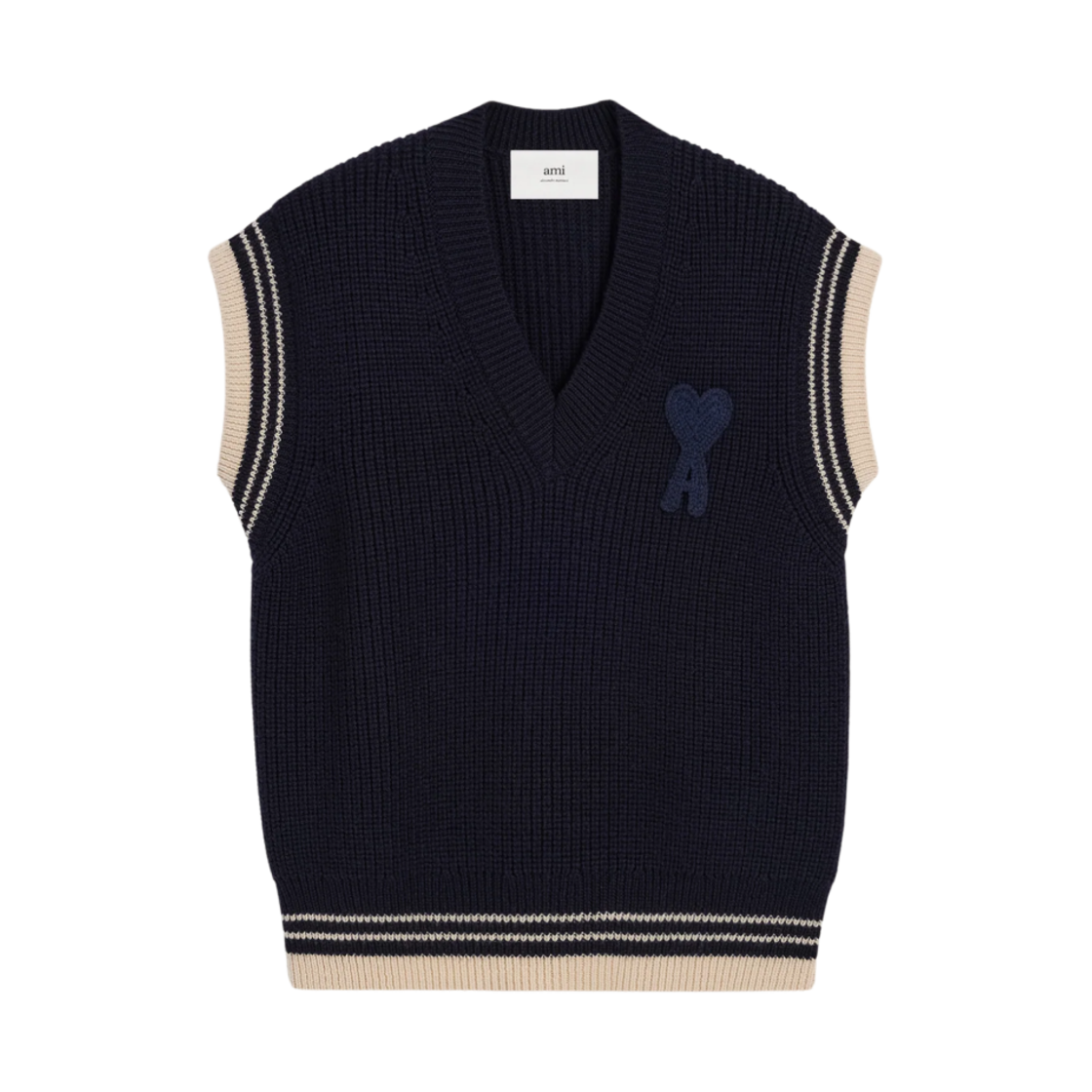 UKS768-KN0068-4011 AMI de Coeur Wool Ribbed Sleeveless V-Neck Sweater Navy Blue