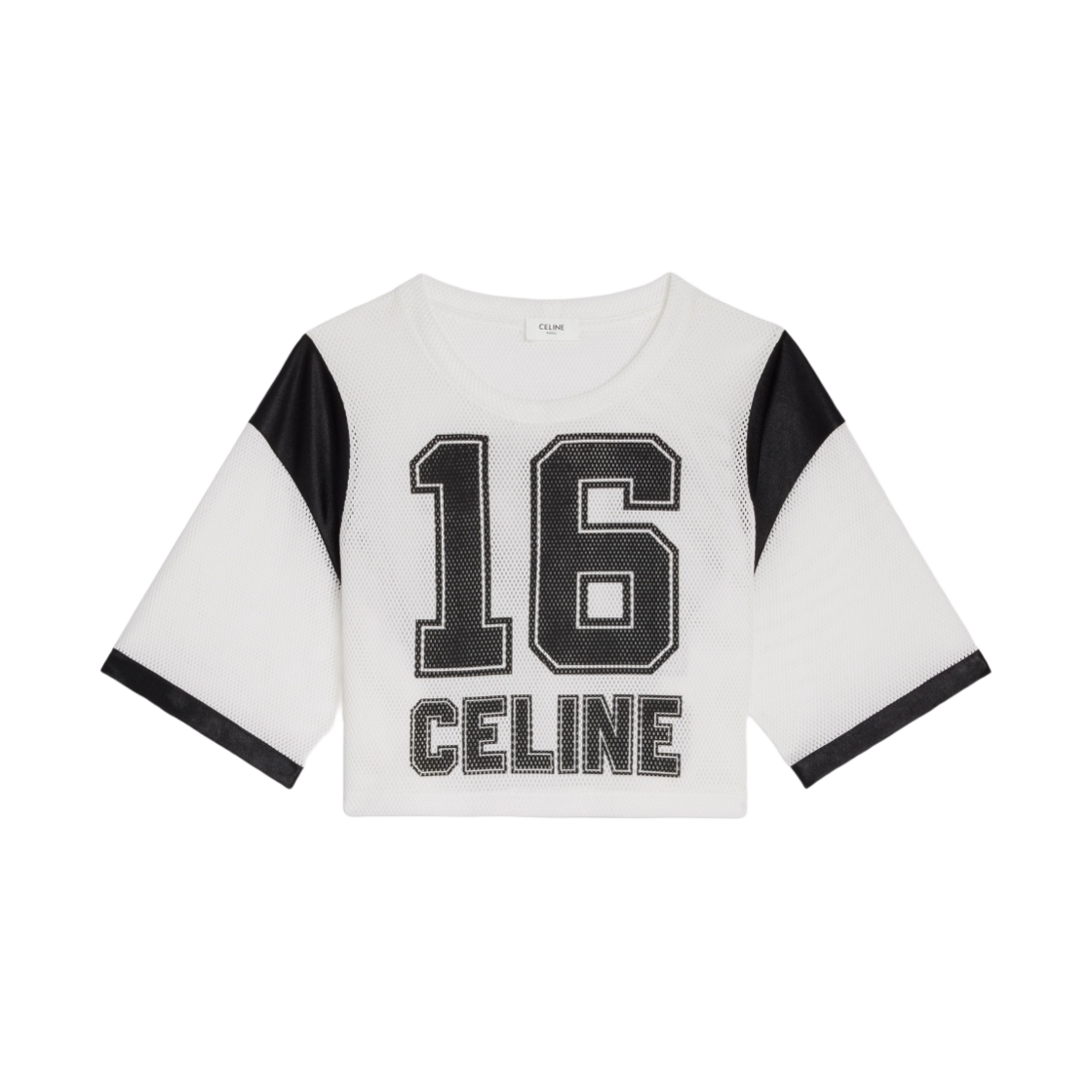 (W) 셀린느 저지 메쉬 셀린느 16 프린트 크롭드 티셔츠 오프 화이트 블랙((W) Celine Cropped T-Shirt With Celine 16 Print In Jersey Mesh Off White Black) - 1