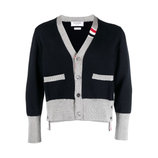 Thom Browne Cotton Jersey Stripe V-Neck Cardigan Navy