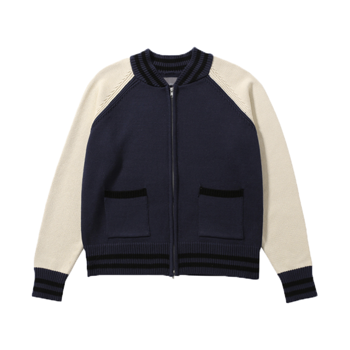 BAL045 Ballute Baseball  Knit Zip Up Cardigan Navy Ivory
