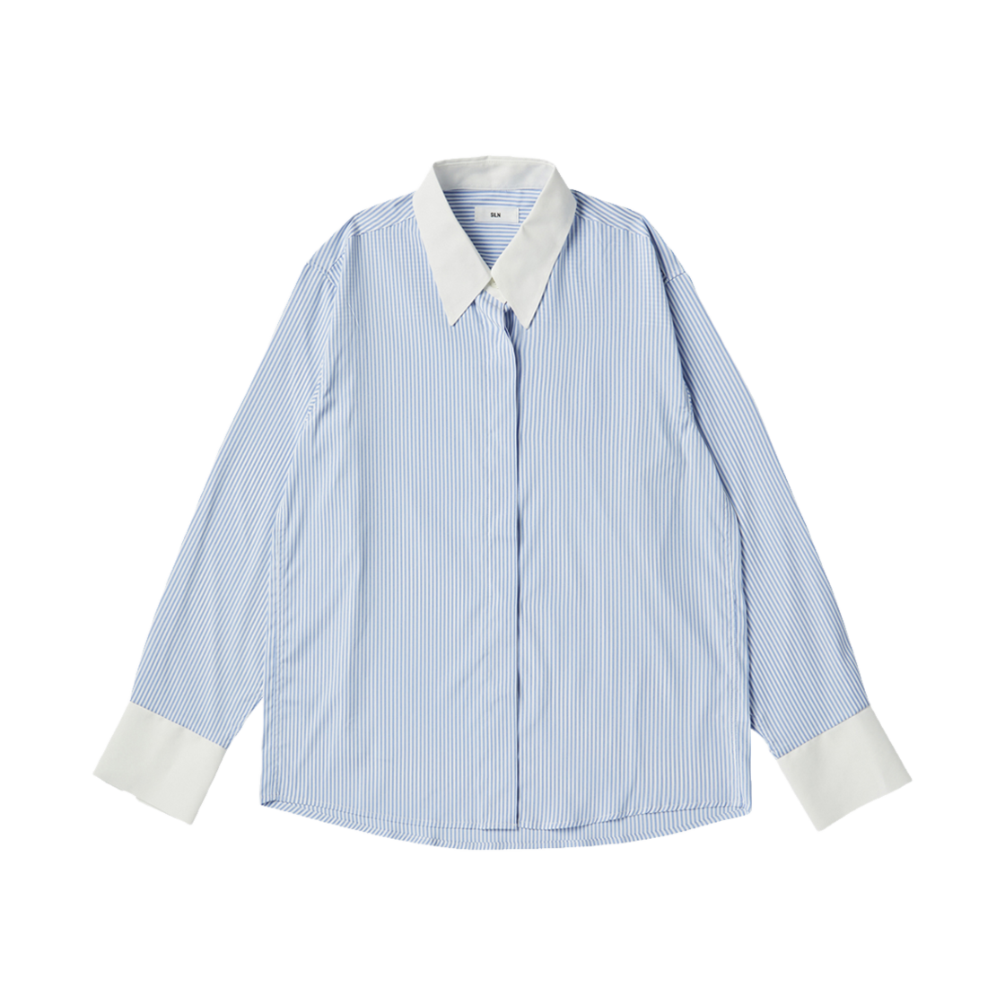 SNESSH01 SILN Hidden Button Cuffs Detail Stripe Shirt Blue Stripe
