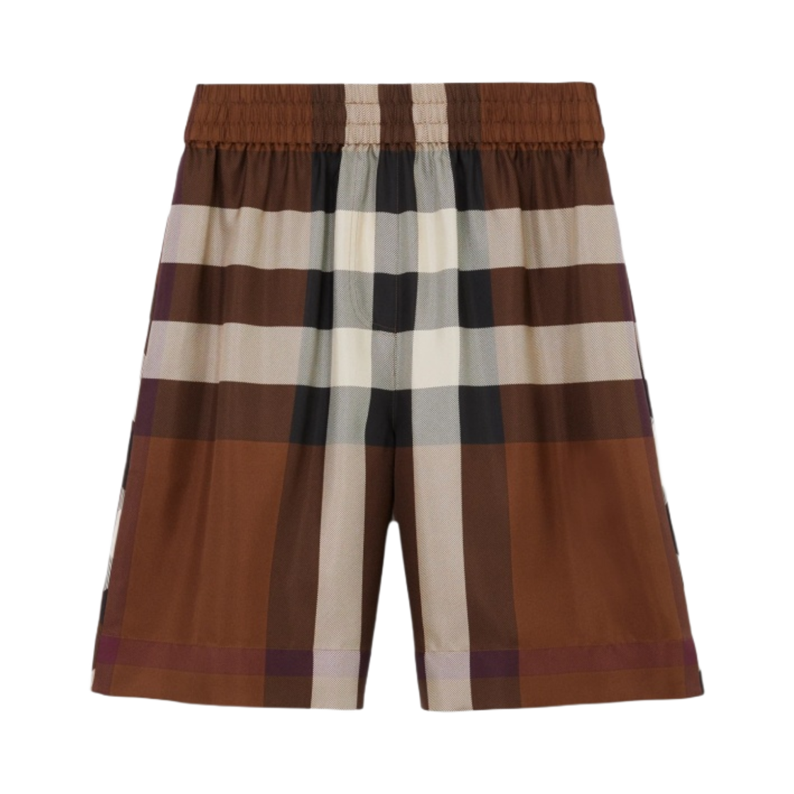 8051095 Burberry Exaggerated Check Silk Shorts Dark Birch Brown