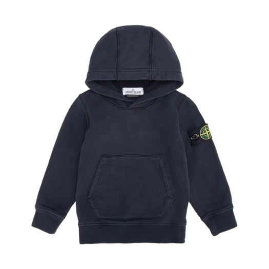 (Kids) Stone Island 61640 Heavy Cotton Fleece Hooded Sweatshirt Navy Blue - 22FW