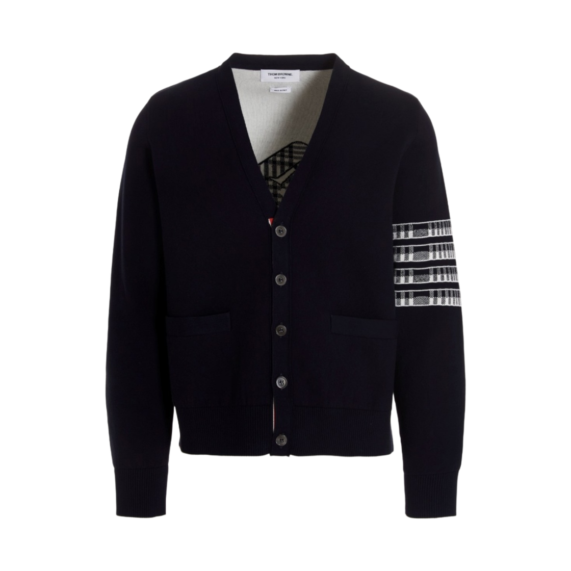 톰브라운 코튼 플레인 자카드 백 사선 브이넥 가디건 네이비(Thom Browne Cotton Plane Jacquard Back 4-Bar V-Neck Cardigan Navy)