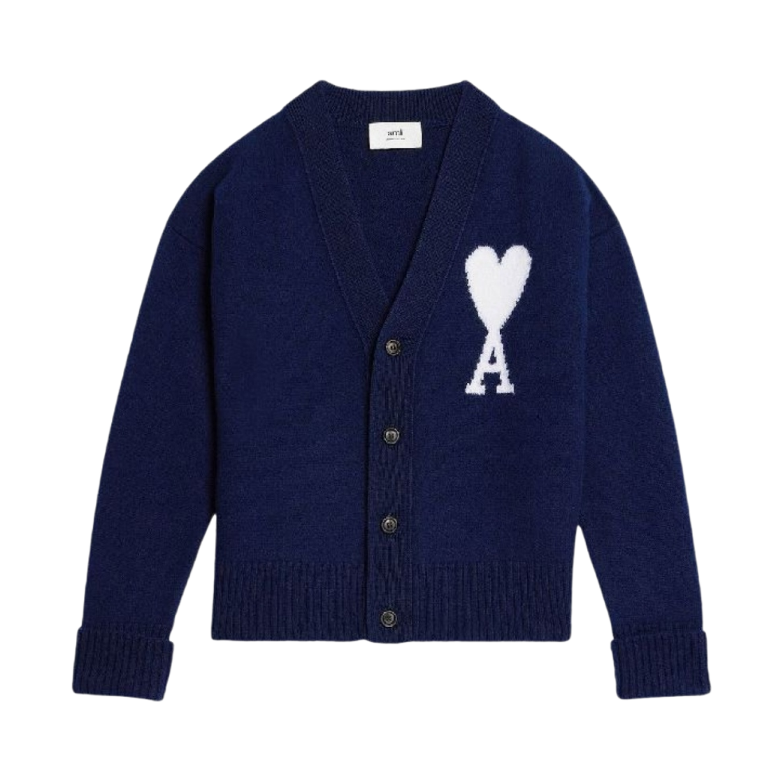 아미 빅 하트 로고 오버사이즈 인타르시아 가디건 노틱 블루 화이트