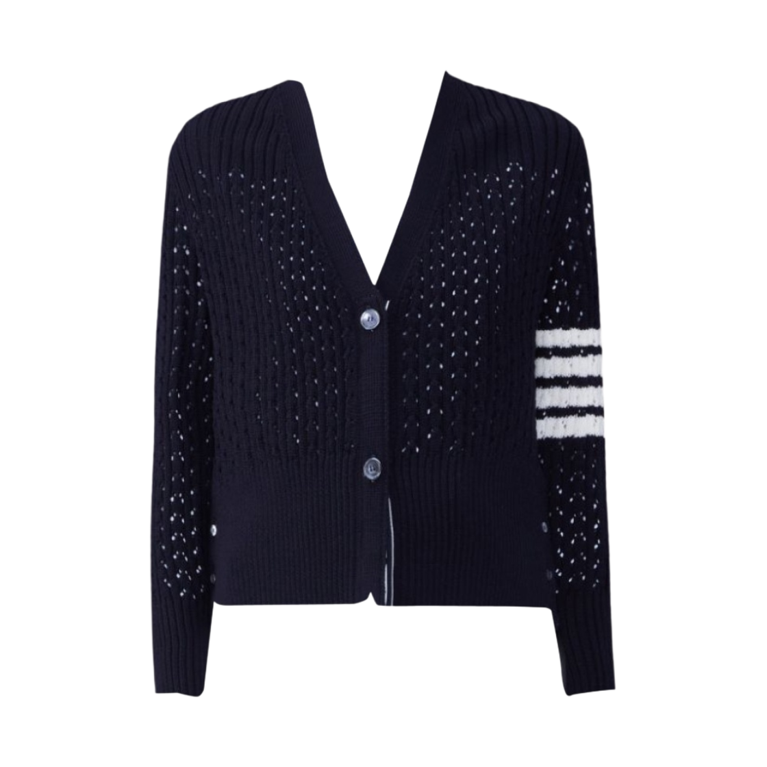 FKC557A-Y1024-415 (W) Thom Browne Wool 4-Bar Pointelle V-Neck Cardigan Navy