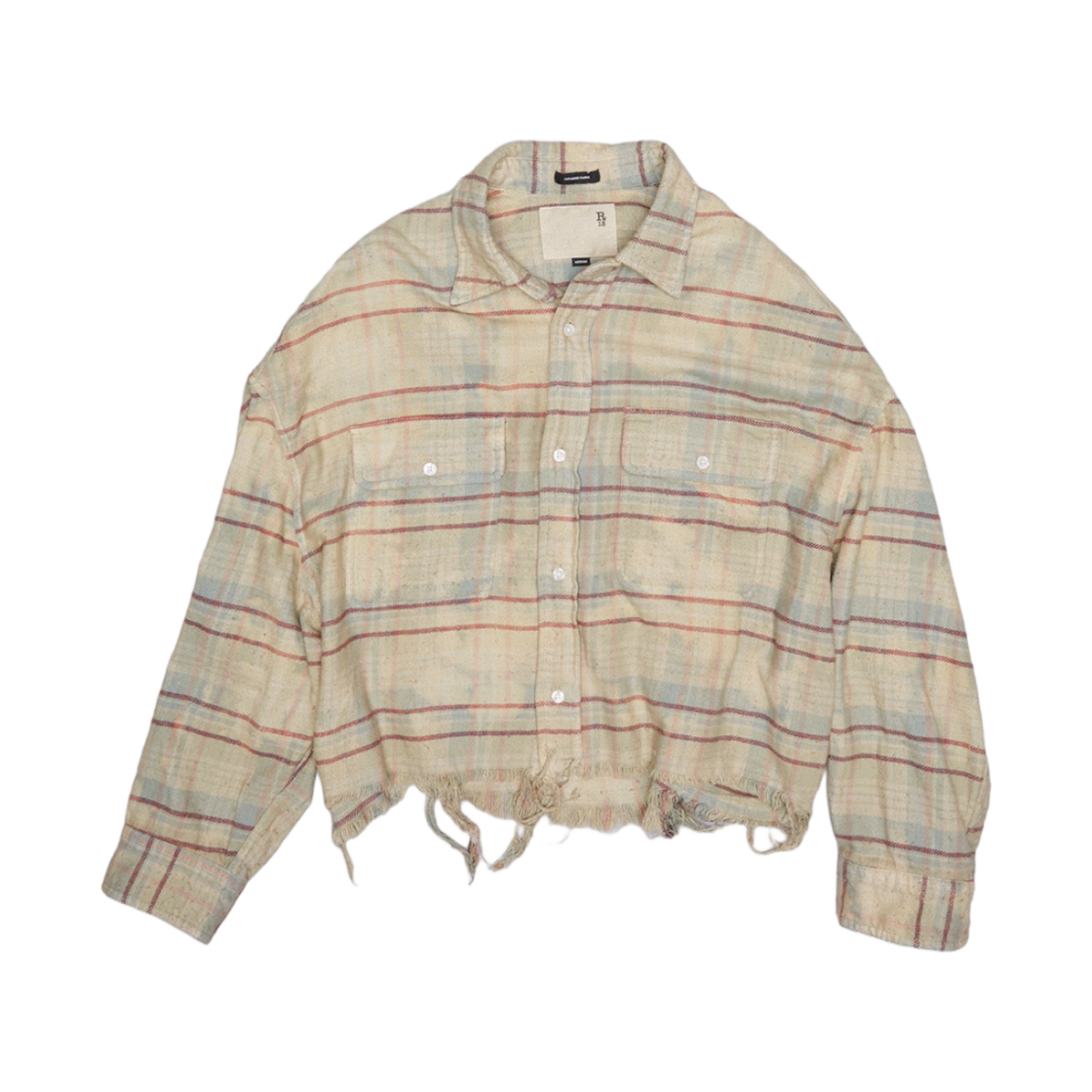 (W) R13 크롭 워크셔츠 블리치드 라이트 블루 플레이드((W) R13 Cropped Workshirt Bleached Light Blue Plaid)