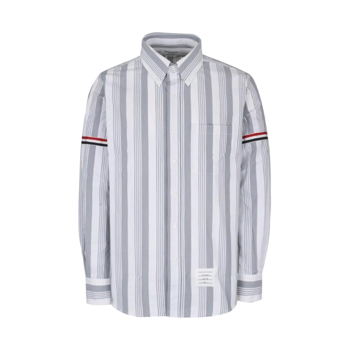 MWL301A-07879-035 Thom Browne RWB Grosgrain Armband Seersucker Striped Shirt Medium Grey