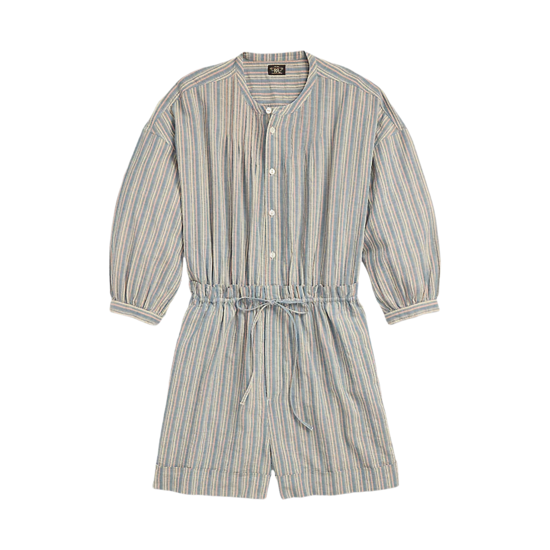 (W) 더블알엘 스트라이프 코튼 리넨 쇼트 커버올 블루 멀티((W) Double RL Stripe Cotton Linen Short Coverall Blue Multi) - 1