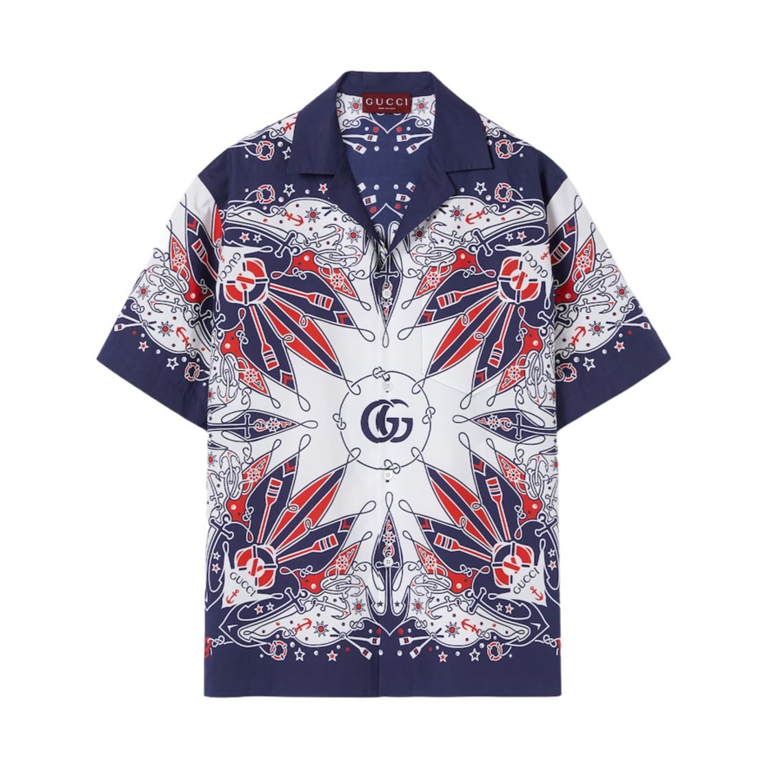 787257-ZAQPD-9059 Gucci Double G Bandana Print Cotton Shirt Double G Bandana Print White Dark Blue Cotton