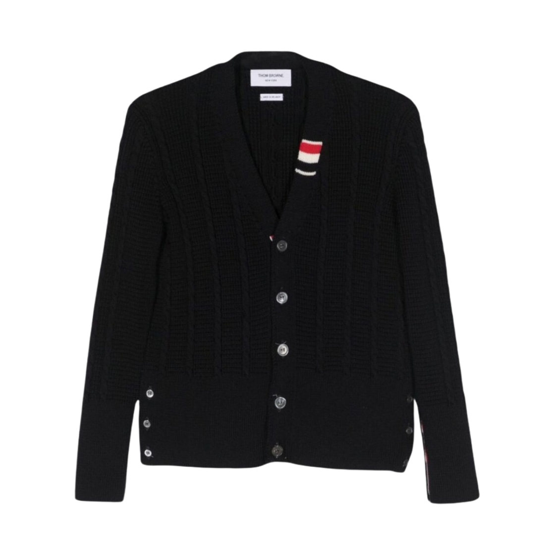 MKC513A-Y1024-415 Thom Browne Wool Relaxed V-Neck Cable Cardigan Navy