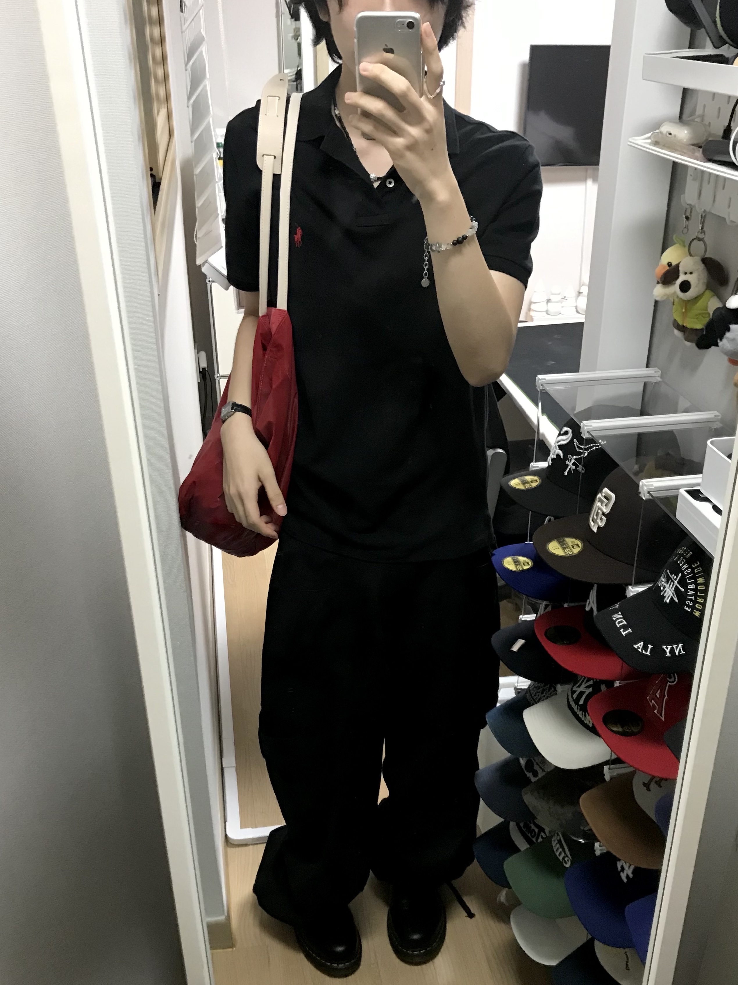 Polo Ralph Lauren Custom Slim Fit Mesh Polo Shirt Black, Xlim Ep.7 Synopsis 02 Bag Red 착용 스타일 - 1