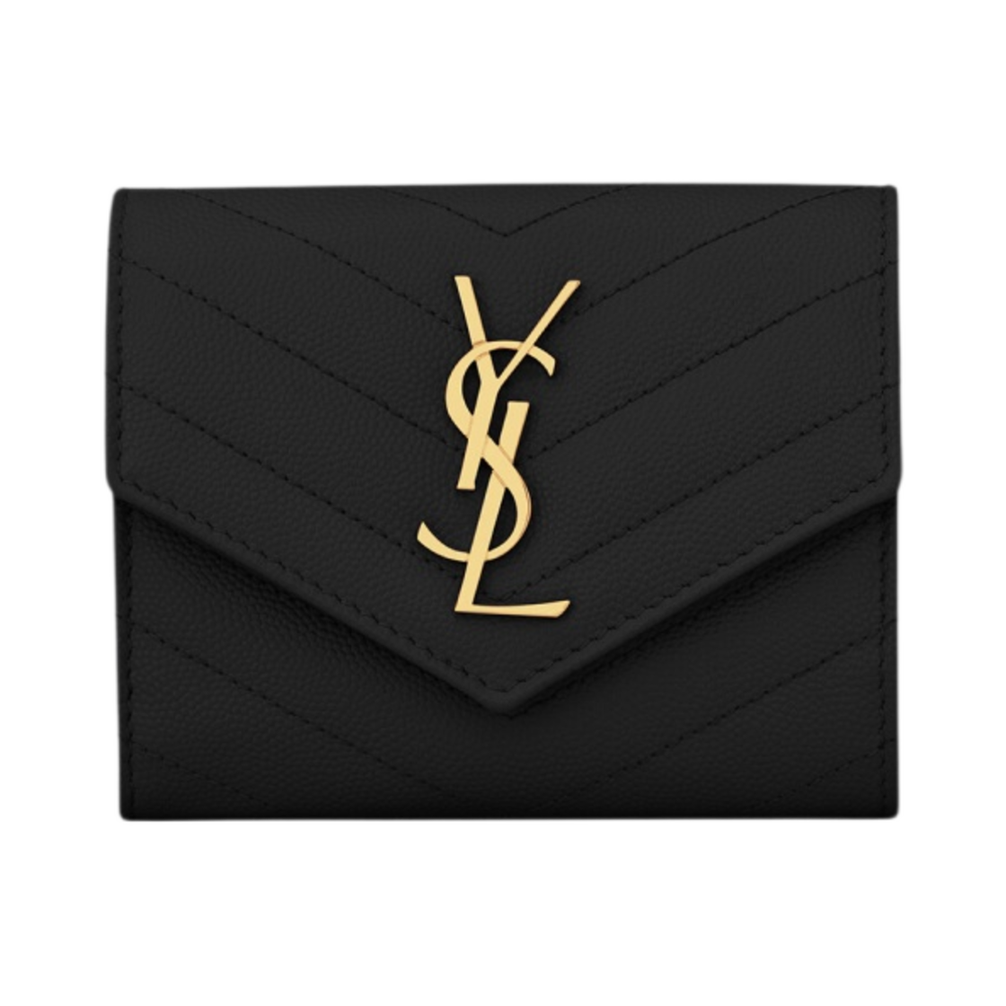 생로랑 그랑 드 뿌드르 엠보스드 레더 카산드라 마틀라세 컴팩트 트라이폴드 지갑 블랙(Saint Laurent Cassandre Matelasse Compact Tri-Fold Wallet in Grain de Poudre Embossed Leather Black)