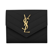 Saint Laurent Cassandre Matelasse Compact Tri-Fold Wallet in Grain de Poudre Embossed Leather Black