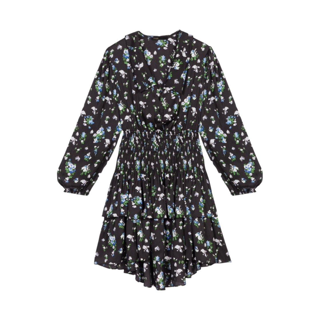 (W) 마쥬 스모크드 플로럴 프린트 드레스 블루 부케((W) Maje Smocked Floral Print Dress Blue Bouquet)