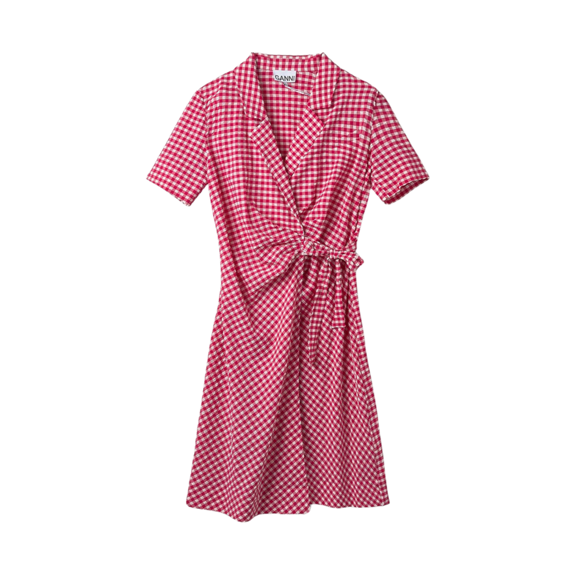 (W) 가니 스트레치 시어서커 랩 드레스 러브 포션((W) Ganni Stretch Seersucker Wrap Dress Love Potion) - 1