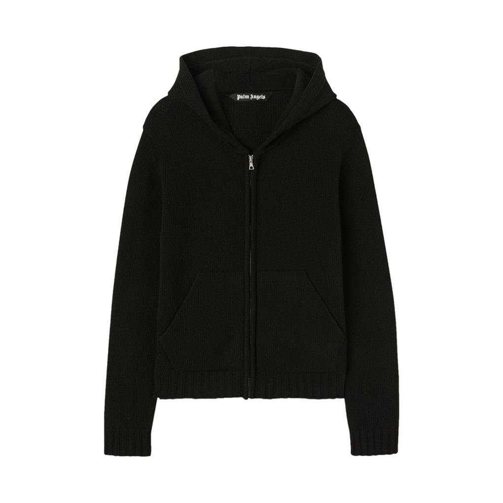 팜엔젤스 커브드 로고 지퍼 니트 후디 블랙(Palm Angels Curved Logo Zip Knit Hoody BLACK) - 1