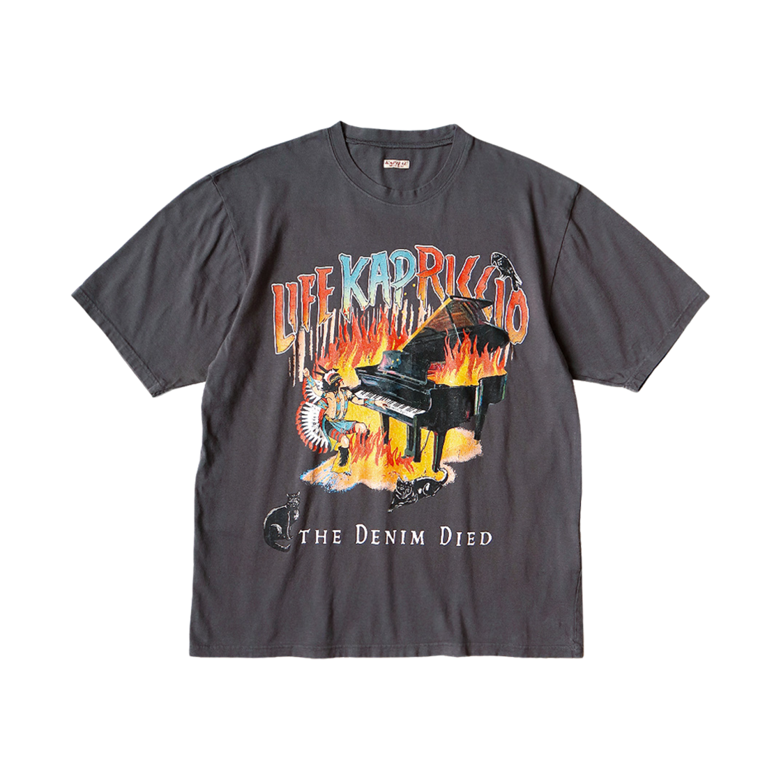 캐피탈 20 텐지쿠 버닝 피아노 크루 티셔츠 블랙 화이트(Kapital 20 Tenjiku Burning Piano Crew T-Shirt Black White)