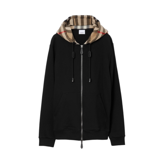 8060705 Burberry Check Hood Cotton Zip Hoodie Black Archive Beige