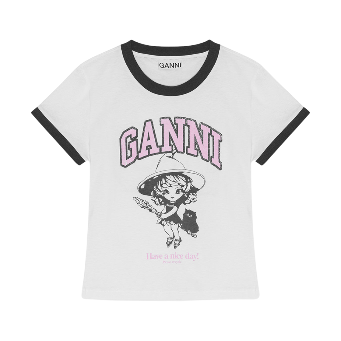 (W) 가니 베이직 저지 위치 스몰 티셔츠 브라이트 화이트((W) Ganni Basic Jersey Witch Small T-Shirt Bright White)