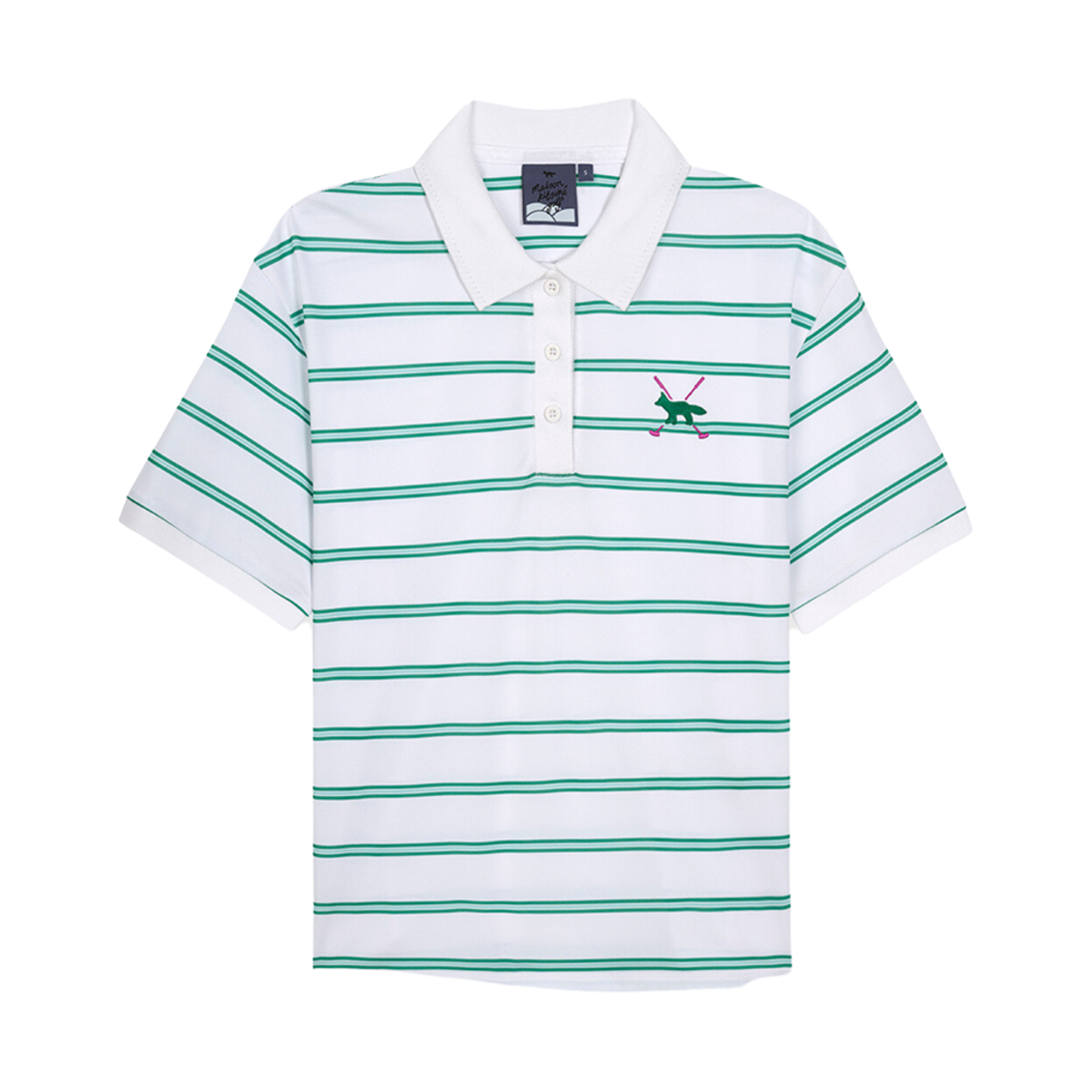 (W) 메종 키츠네 프로파일 폭스 숏슬리브 스트라이프 폴로 셔츠 화이트((W) Maison Kitsune Profile Fox Short Sleeve Stripe Polo Shirt White) - 1