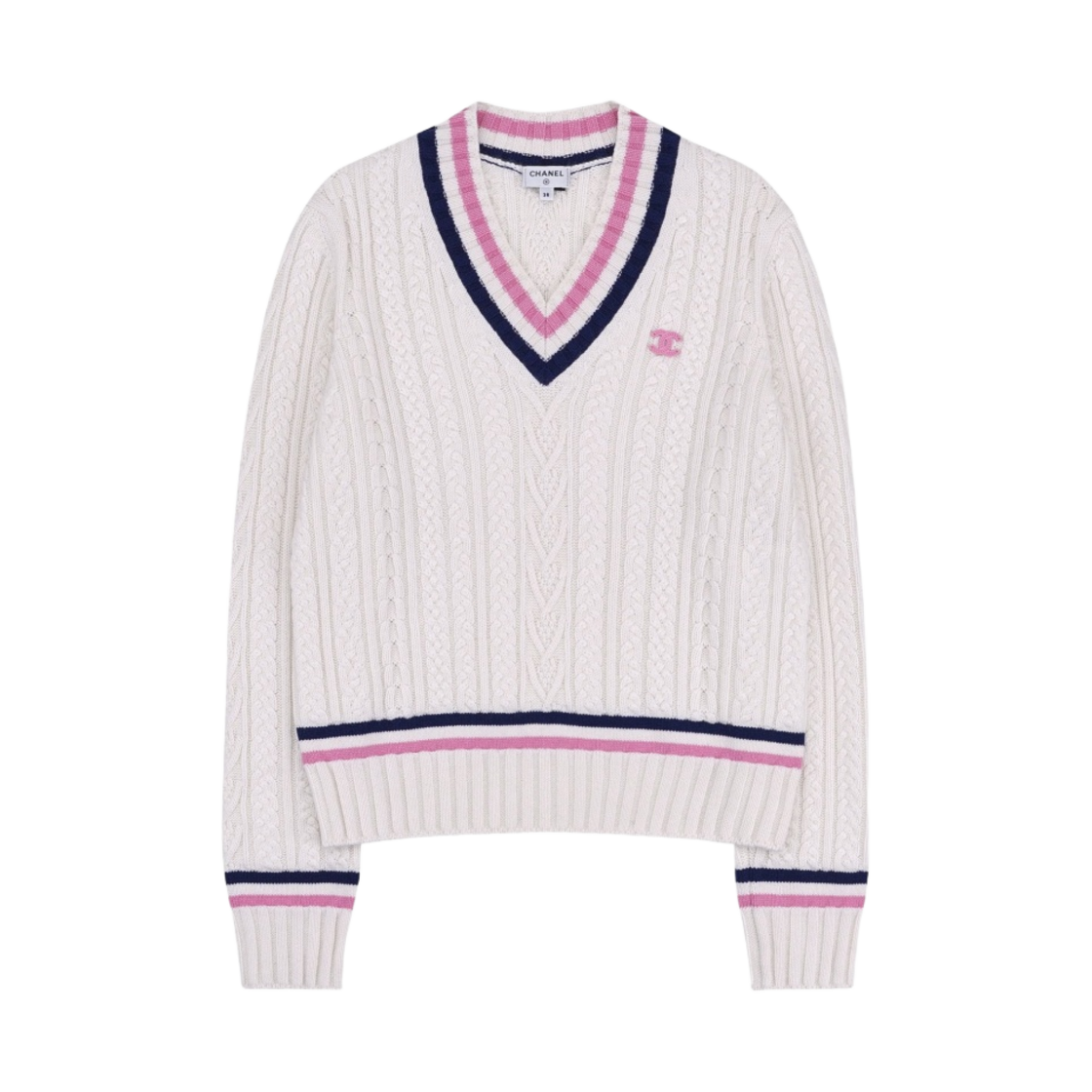 (W) 샤넬 풀오버 브이넥 슬리브 에크루 핑크 네이비 블루((W) Chanel Pullover V-Neck Sleeves Ecru Pink Navy Blue)