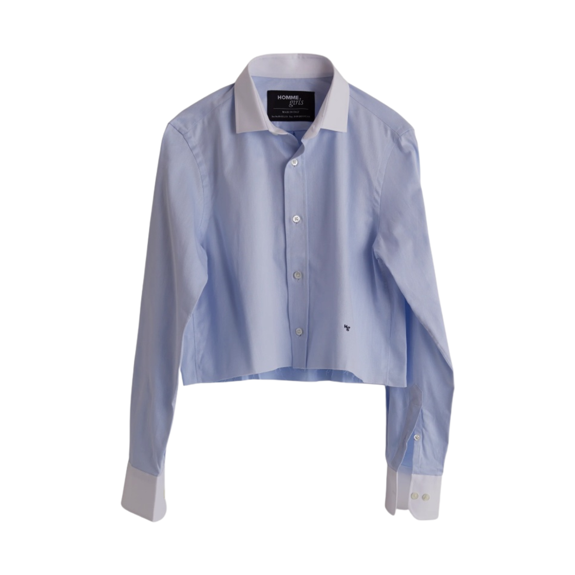 (W) 옴므걸스 콘트라스트 칼라 샴브레이 크롭 셔츠 블루((W) Homme Girls Contrast Collar Chambray Cropped Shirt Blue)