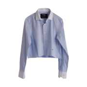 (W) Homme Girls Contrast Collar Chambray Cropped Shirt Blue