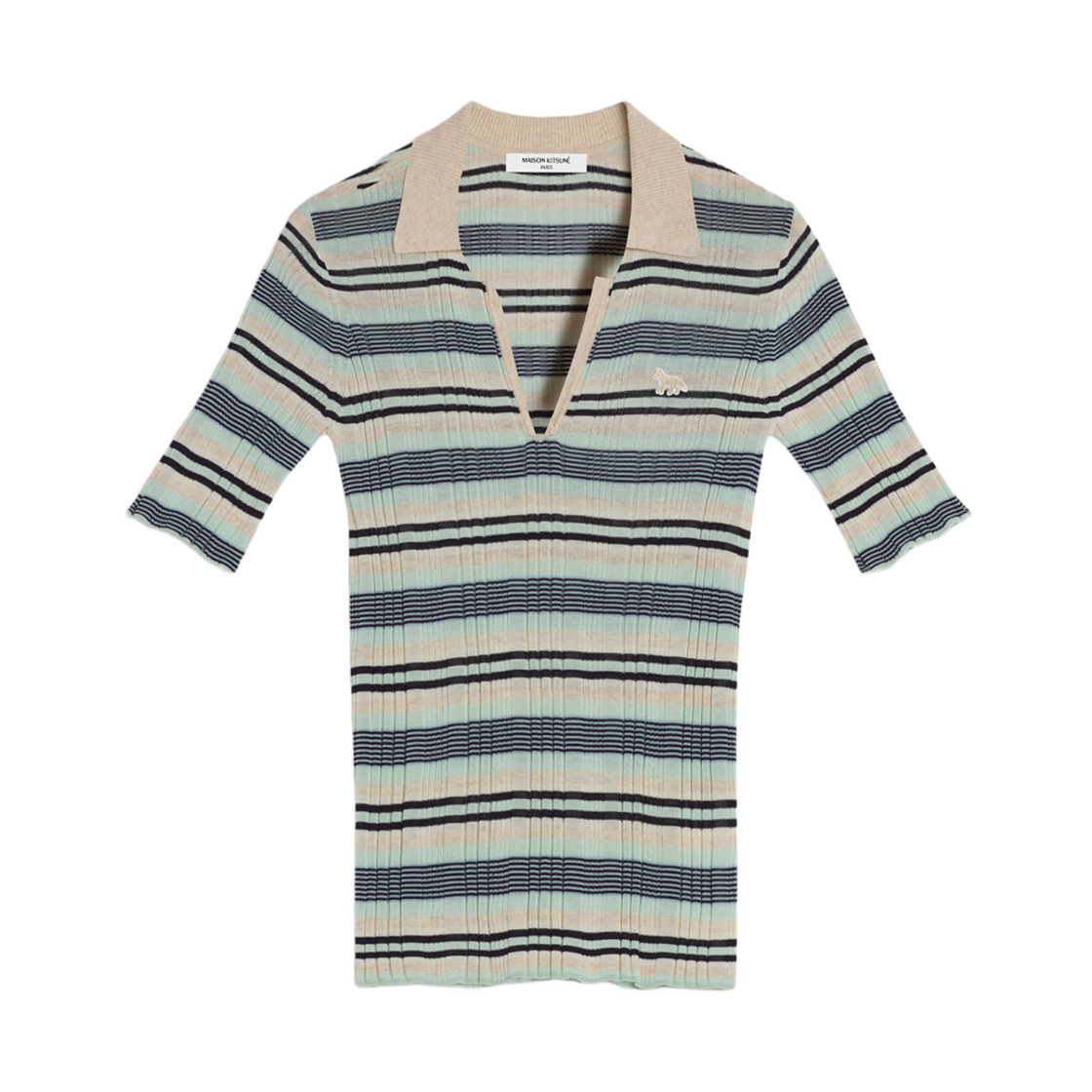 (W) 메종 키츠네 파인 립 스트라이프 폴로 민트 아이스 스모크 스트라이프((W) Maison Kitsune Fine Rib Striped Polo Mint Ice Smoke Stripes) - 1