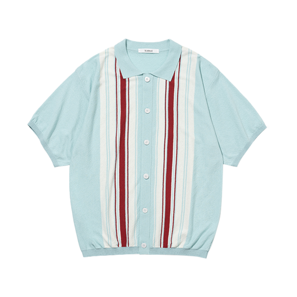 니티드 썸머 스트라이프 반팔 니트 셔츠 민트 블루