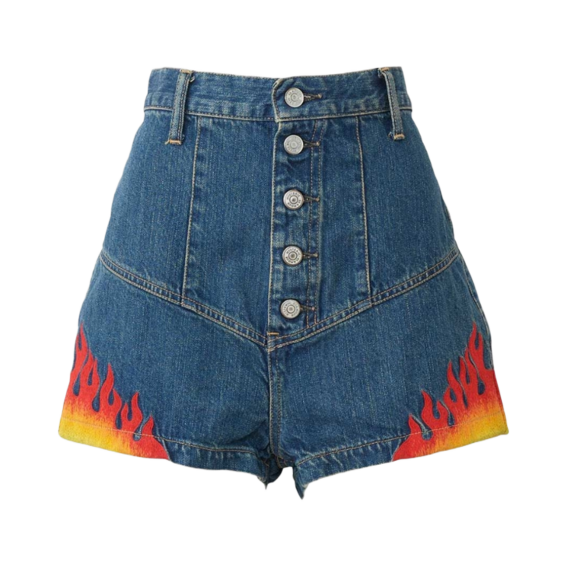 (W) 히스테릭 글래머 파이어 패턴 자수 하이 라이즈 데님 쇼츠 라이트 인디고 블루((W) Hysteric Glamour Fire Pattern Embroidered High Rise Denim Shorts Light Indigo Blue) - 1