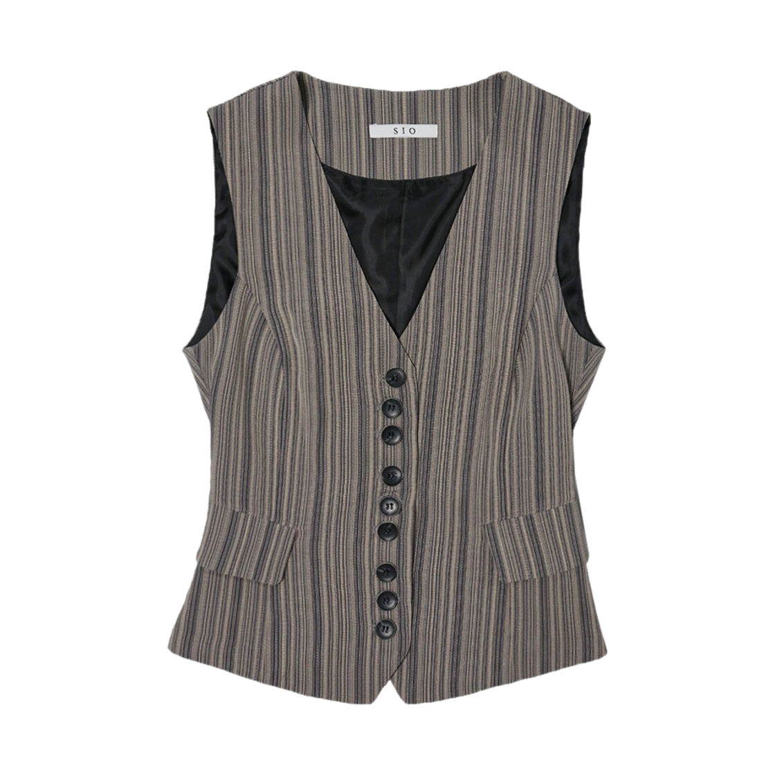 시오 브이넥 버튼 스트라이프 베스트 베이지(SIO V-neck Button Stripe Vest Beige)