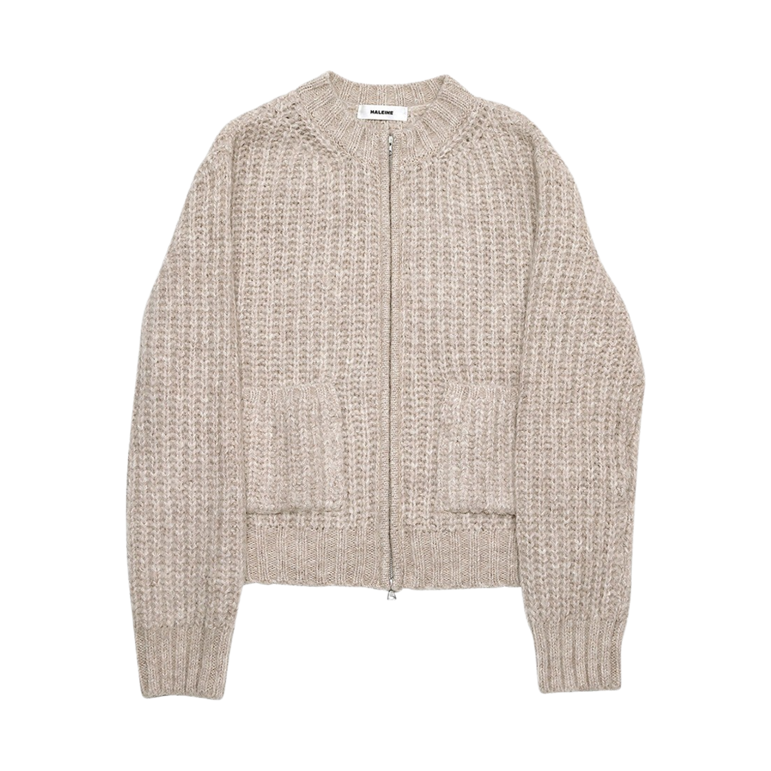 알렌느 알파카 청키 라운드 넥 집업 니트 가디건 오트밀 그레이