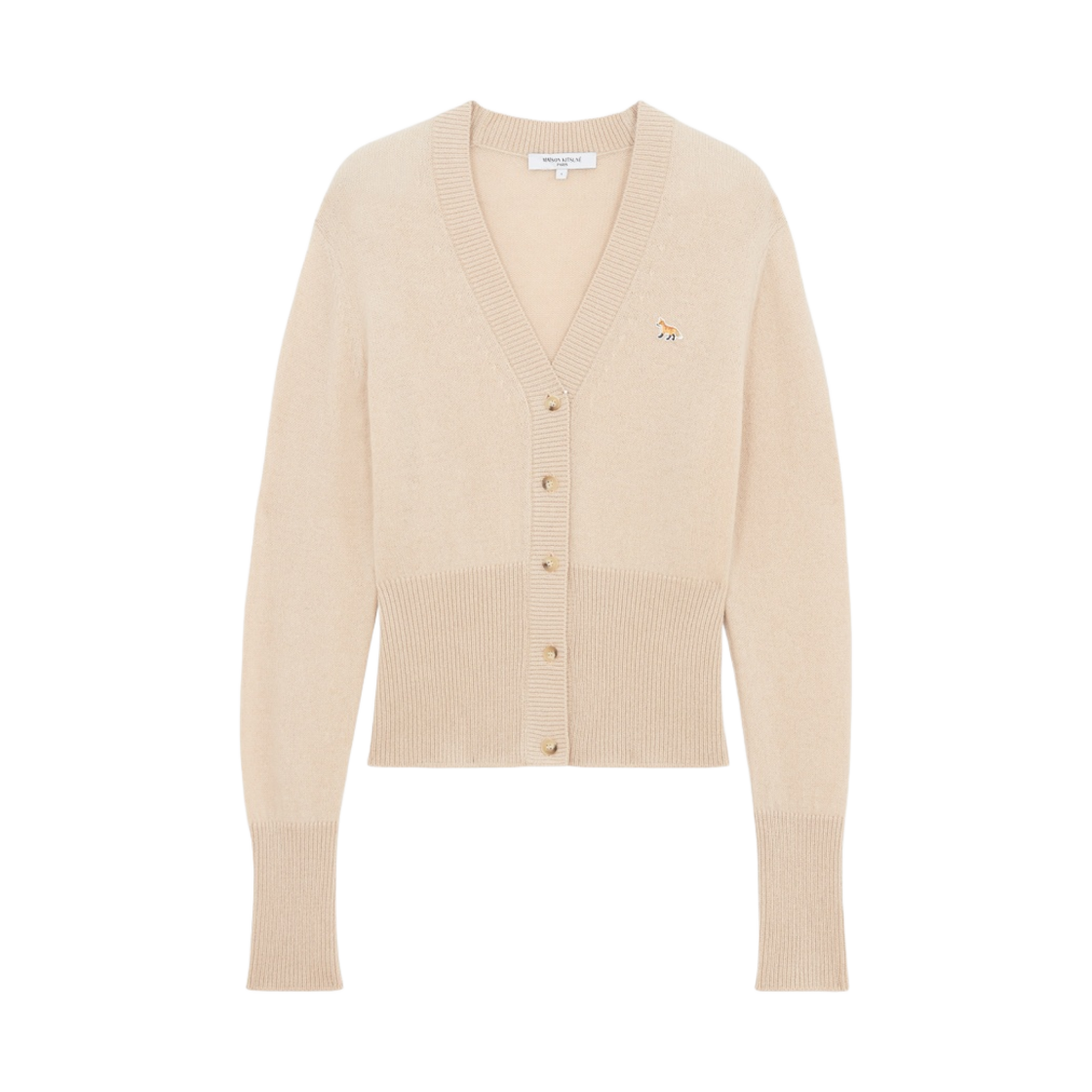 (W) 메종 키츠네 베이비 폭스 패치 피티드 브이넥 가디건 베이지((W) Maison Kitsune Baby Fox Patch Fitted V-Neck Cardigan Beige) - 1